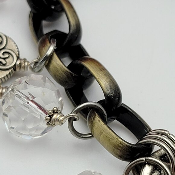 Vintage Charm Bracelet Brass And Silver Tone Key Faceted Glass 8" Adjustable - Picture 3 of 10